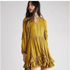 NWOT Free People Ambrosia Mini Dress In Olive Green Lace Detail, Ruffles Size S